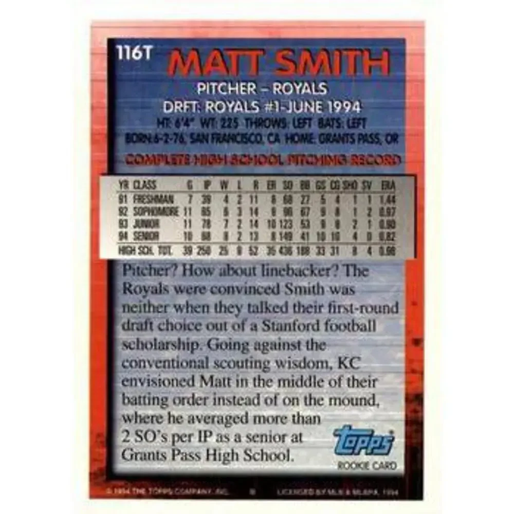 1994 Topps Traded Matt Smith DPK, RC 116T Kansas City Royals